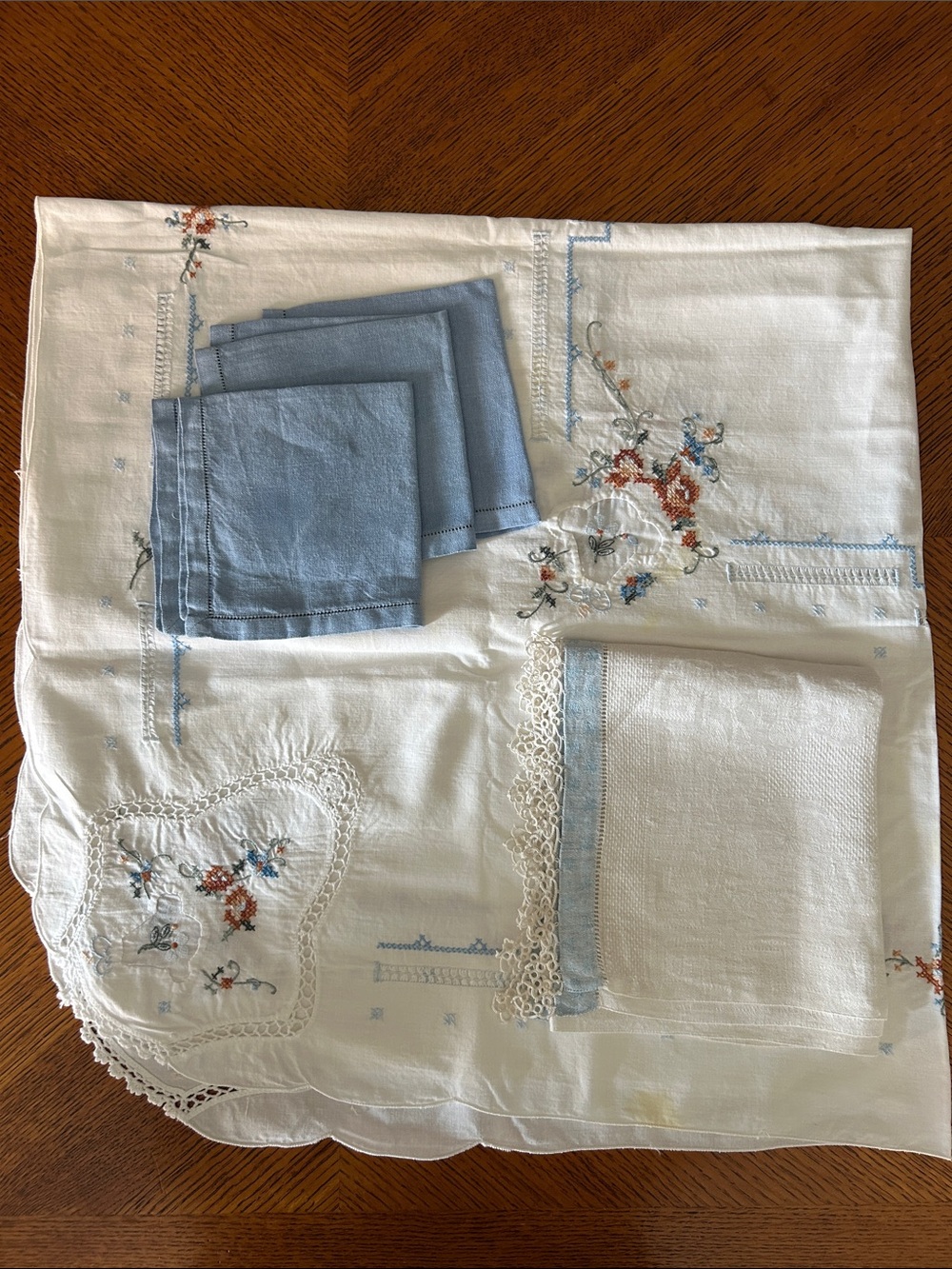 Embroidered White Linen Tablecloth with Blue Accents